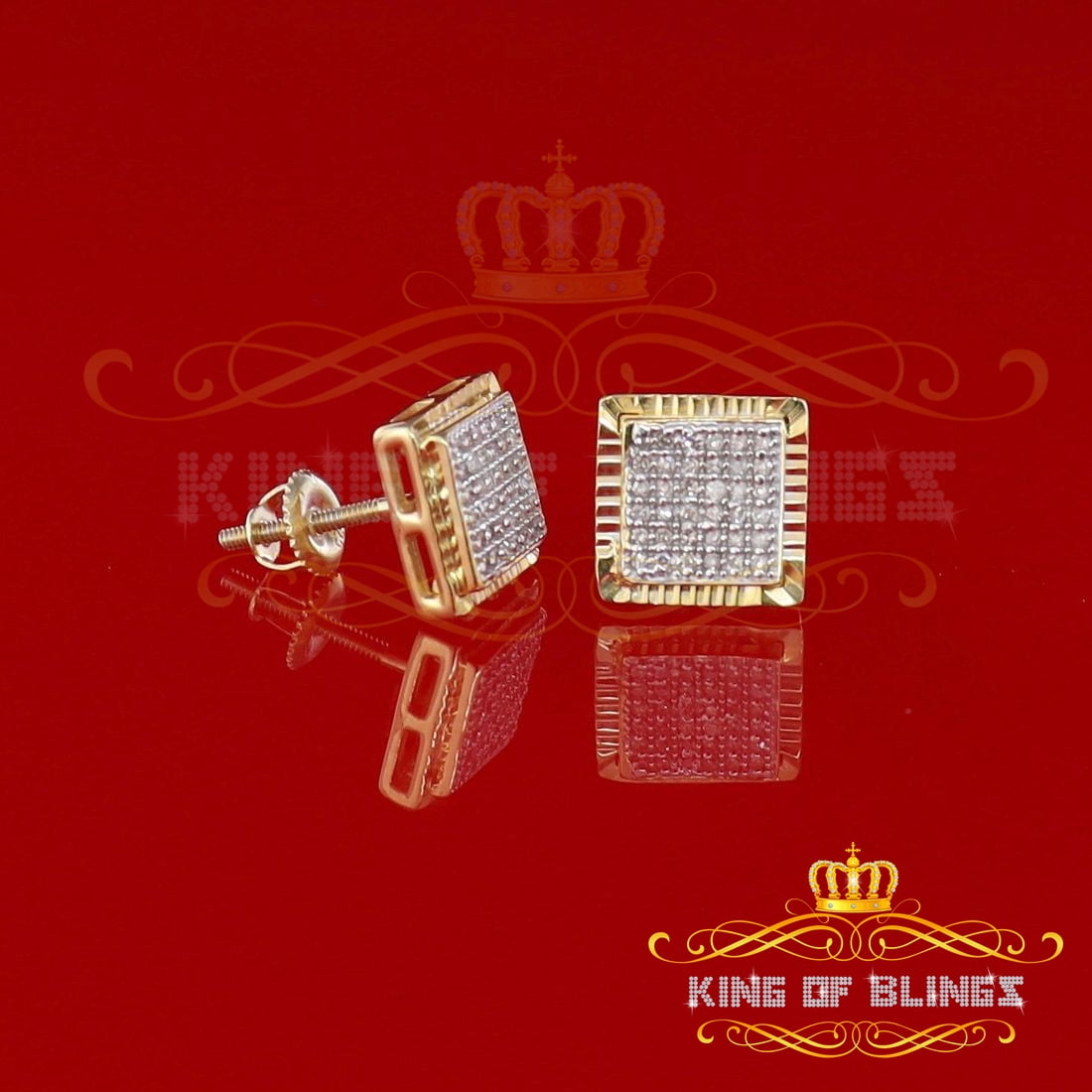 King of Bling's Aretes Para Hombre 925 Yellow Silver 0.20ct Diamond Stud Women's Square Earrings