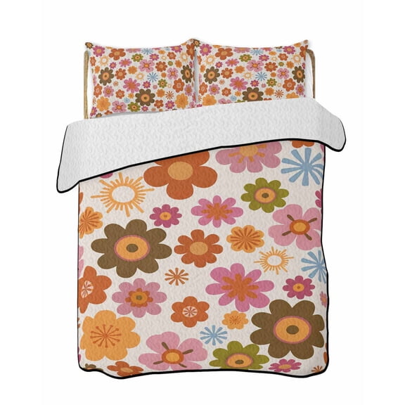 Quilts Queen Size Bedding Set, Bohemia Floral Reversible Summer Quilt 3 Pieces, Vintage Orange Pink Flowers Boho Style Beige Lightweight Bedspreads Coverlets with 2 Pillow Shams for All Seasons