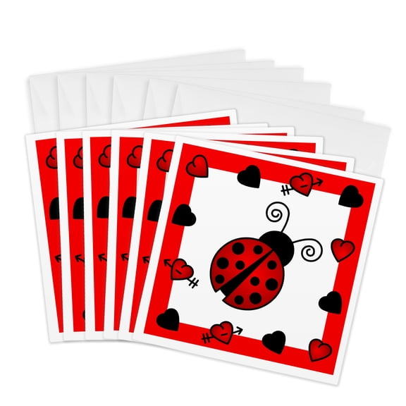 3drose, Love Bugs Red Ladybug with Hearts, 6 Greeting Cards with Envelopes