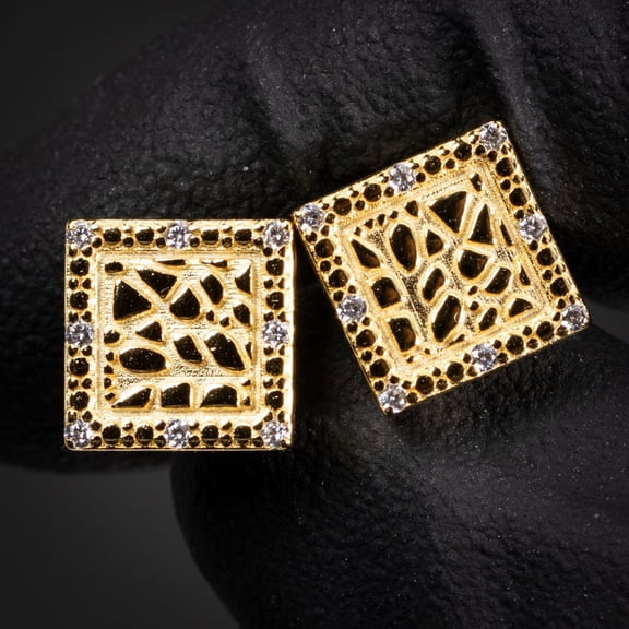 Retro 90's Hip Hop Square Shape 14K Yellow Gold Plated 925 Sterling Silver Screw Back Post 9mm Textured Nugget Stud Earrings