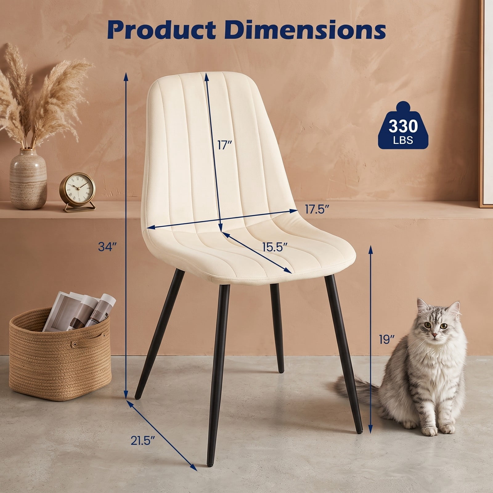 Furnibear Upholstered Fabric Dining Chairs Set of 4, Mid-Century Modern Accent Kitchen Side Chairs with Sturdy Metal Legs, Curved Backrest and Padded Seat for, Beige