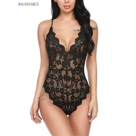 BadPiggies Women Teddy Lingerie One Piece Deep V Sexy Lace Babydoll Mini Bodysuit (S  Black)