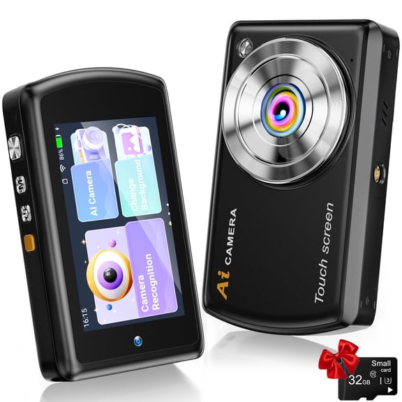 AI Digital Camera for Kids WiFi Autofocu Dual Lens Smart Point and Shoot Camera with 3.6" IPS Touchscreen,Beauty & AR Filters with 32GB Card for Beginners and Teens