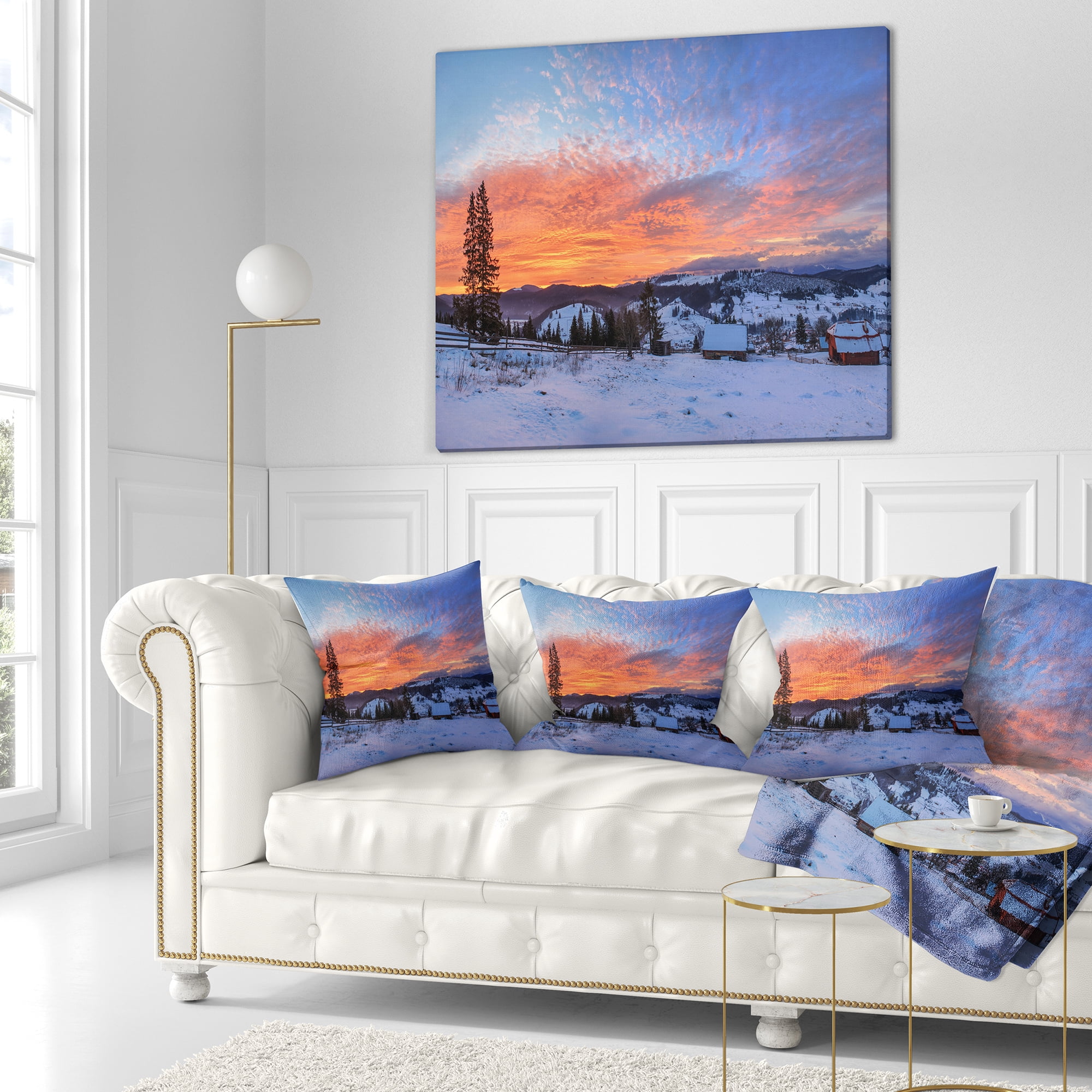 Designart Snowy Colorful Dawn in Mountains - Landscape Printed Throw Pillow - 18x18