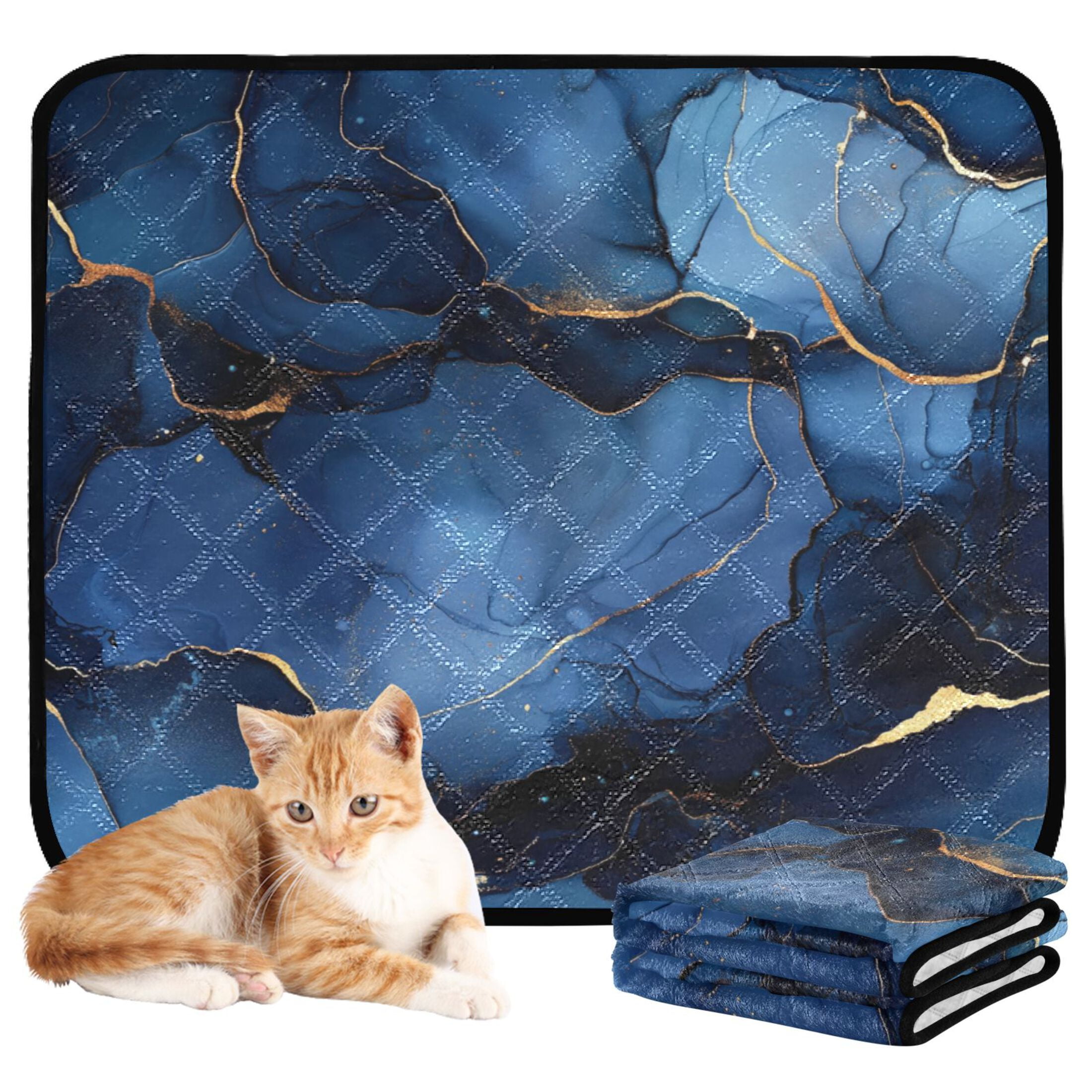 Qxltty Navy Blue Gilt Marble Cat litter Pads Pet Set of 2 Diaper Mats Center Anti-leakage Layer Absorbent Soft and Comfortable