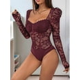 thumbnail image 4 of Women'S Sheer Floral Lace Long Sleeve Bodysuit Top Sweetheart Neck Bodysuit Wine Red L, 4 of 8