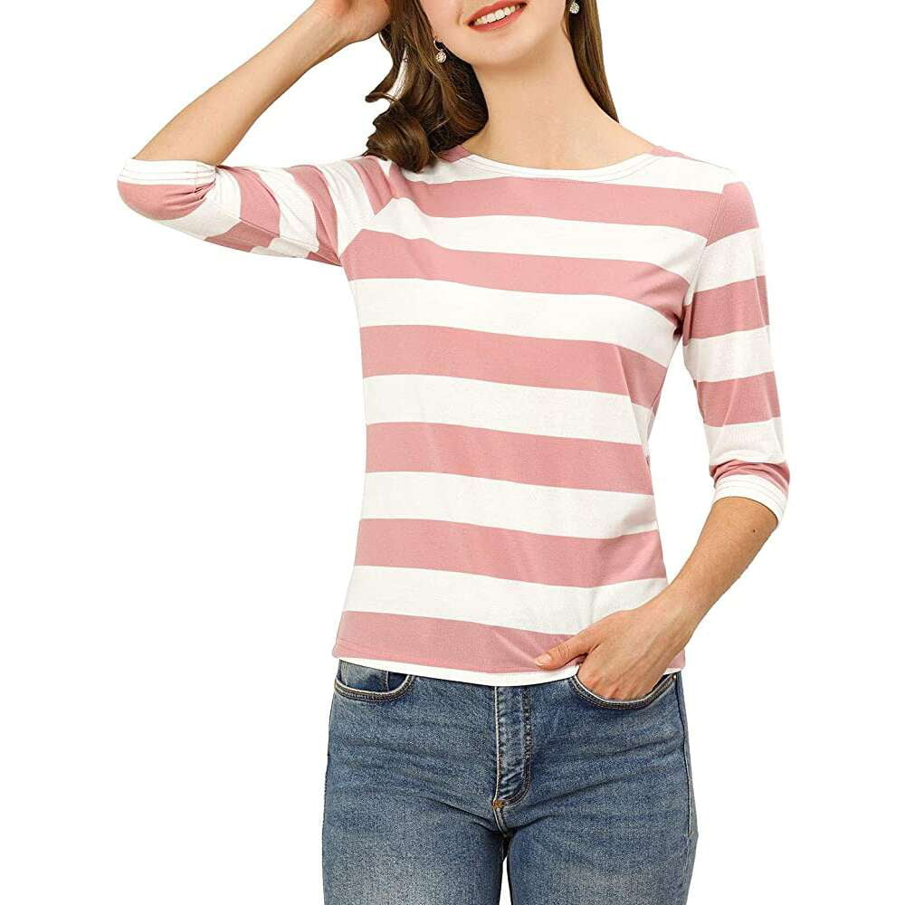 Allegra K Women's Elbow Sleeves T-Shirt Top Casual Basic Boat Neck Slim Fit Tee