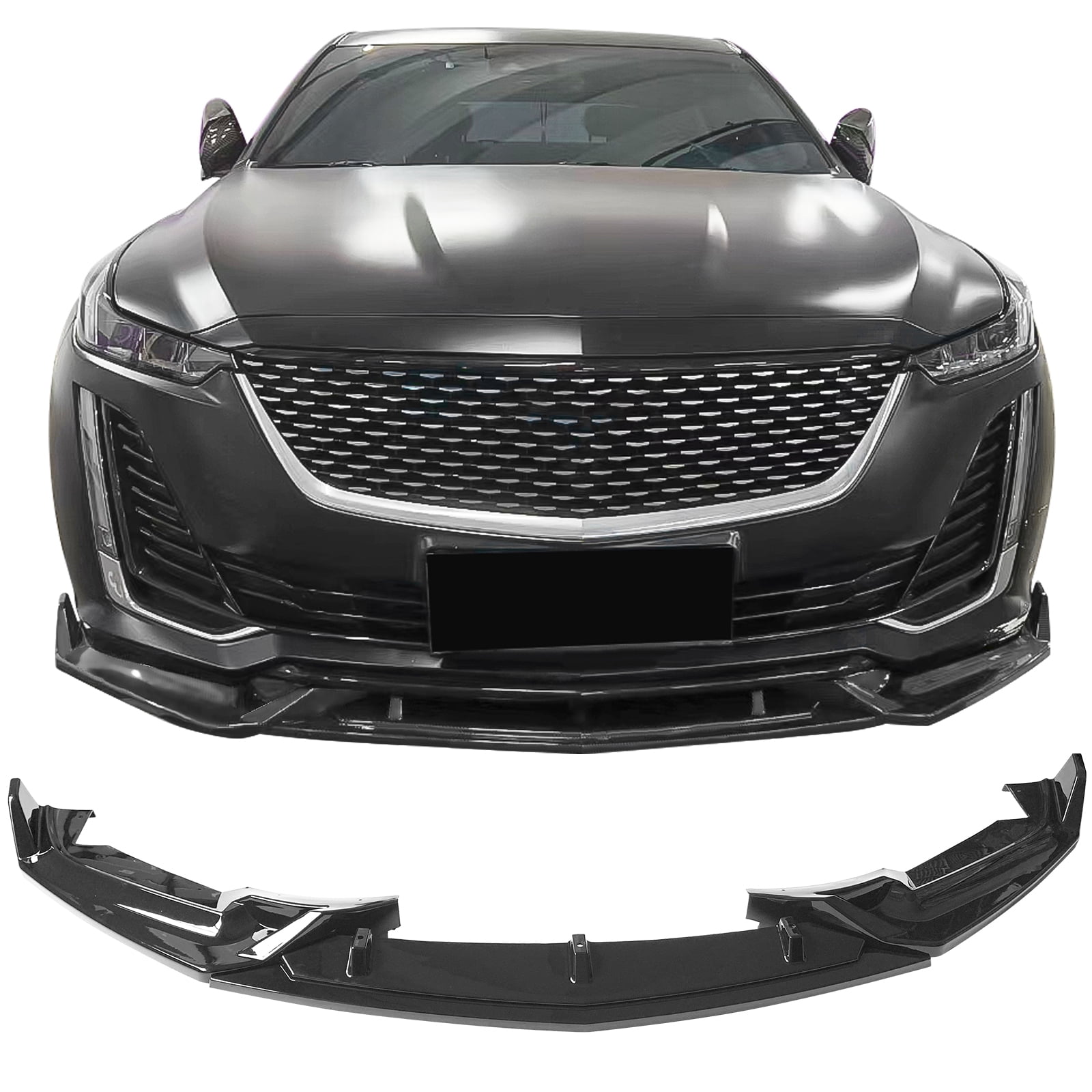 Ikon Motorsports Compatible with 2020-2024 Cadillac CT5 Premium Luxury & Luxury 3PCS Front Bumper Lip Spoiler Kit IKON Style PP Gloss Black