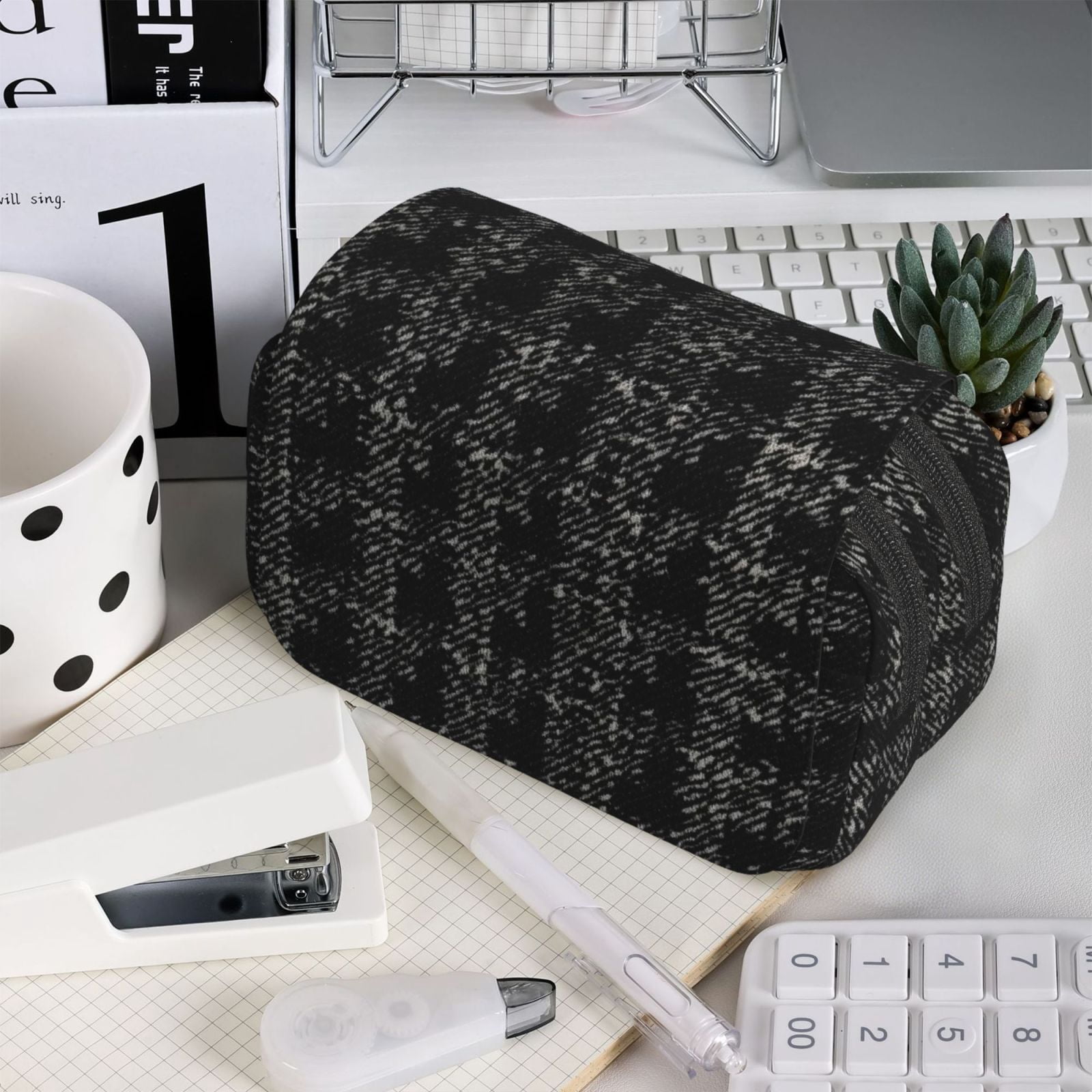Large-Capacity Flip-Top Double-Layer Pencil Case, Multi-Functional Pocket Pen Case, Durable Stationery Organizer Black Houndstooth Vintage Texture_2