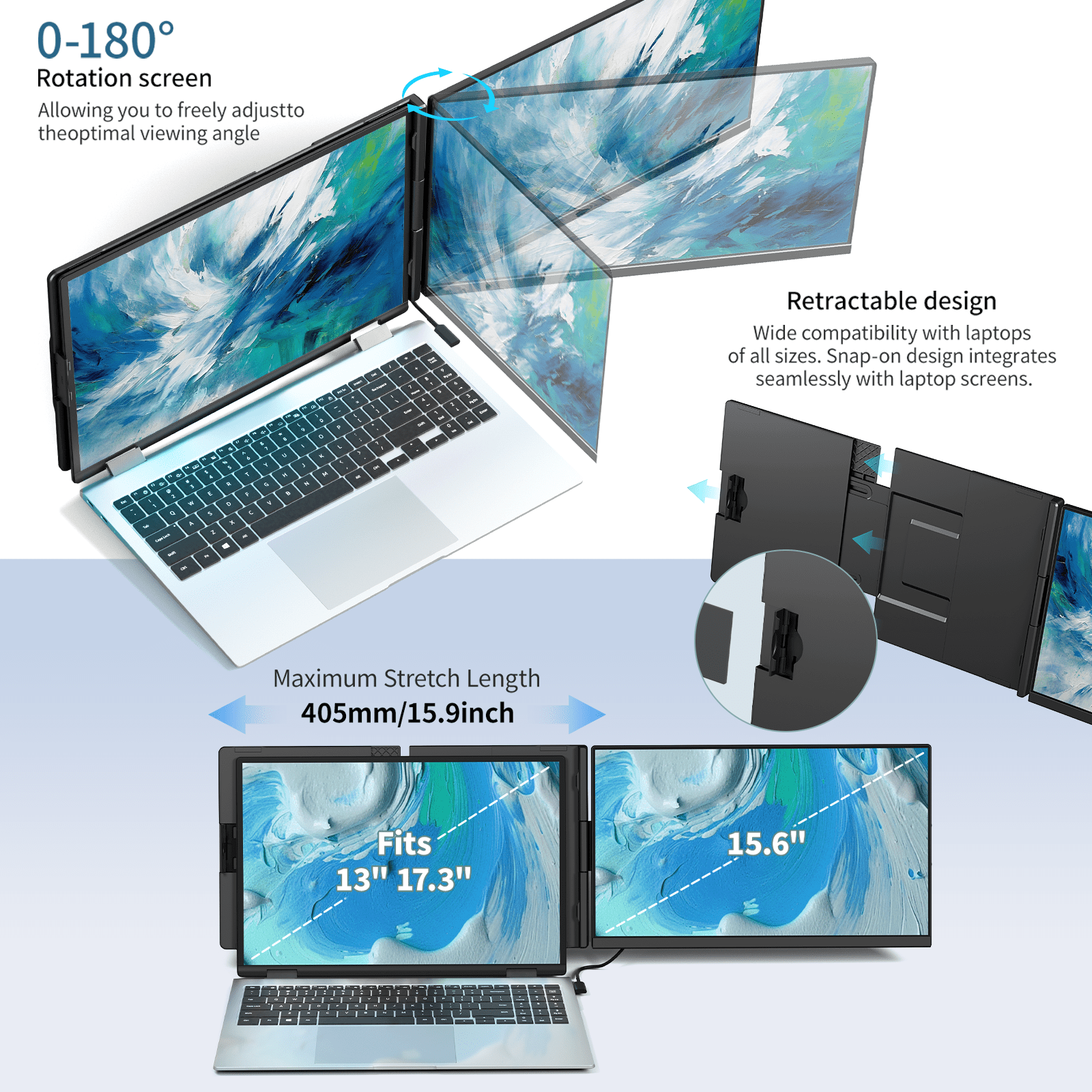 Zynity Laptop Screen Extender, 15.6" FHD 1080P IPS Portable Monitor for Laptop, Plug and Play Dual Monitor Extender for 13"-17.3" Laptops, Compatible with MAC, Windows, Android, Linux, Chrome