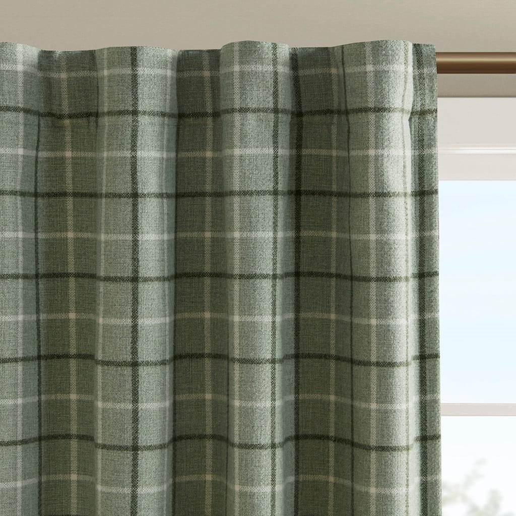 Plaid Rod Pocket and Back Tab Curtain Panel with Fleece Lining Green 50"x95"