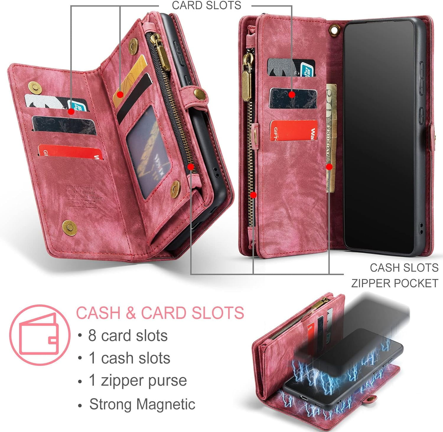 Phone Case for Samsung Galaxy S21 FE Gaxaly S 21 FE 5G Zipper Wallet Cover with Tempered Glass Screen Protector and Flip Card Holder Cell Accessories Glaxay S21FE5G UW S21FE 21S G5 Women Red