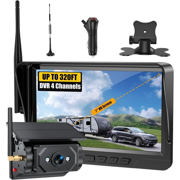 Solar Backup Camera, 7" 1080P , Clear Night Vision 170?Wide Angle (No Distortion) DIY 1-Min Install, No Wiring, IP67 for , RV, Trailer, , F150 & F-Series
