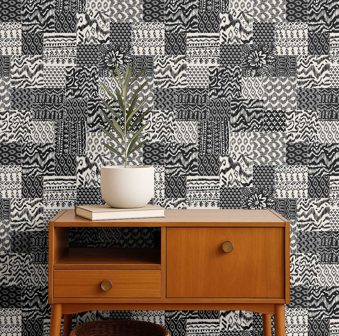 S4Sassy Modern Patchwork Ikat Wallpaper - Black Wall Covering, 25" x 360" Self-Adhesive Textured Vinyl Wall Paper, Decorative Wallwrap, Easy DIY Walls Covering For Bedroom, Cabinets, Living Spaces