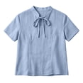 thumbnail image 4 of TGSLY Bow Tie Front Linen Tops for Women Lightweight Soft Keyhole Short Sleeve T-Shirts Dressy Casual Solid Color Breathable Crinkle Blouses S, 4 of 8