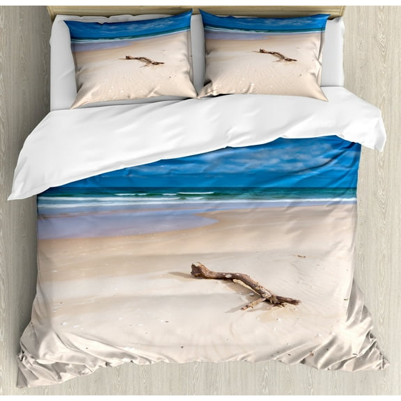 Driftwood Duvet Cover Set, Driftwood on the Deserted Sandy Beach and the Cloudy Sky Digital Style Image, Decorative 3 Piece Bedding Set with 2 Pillow Shams, Calking Size, Beige and Blue, by Ambesonne