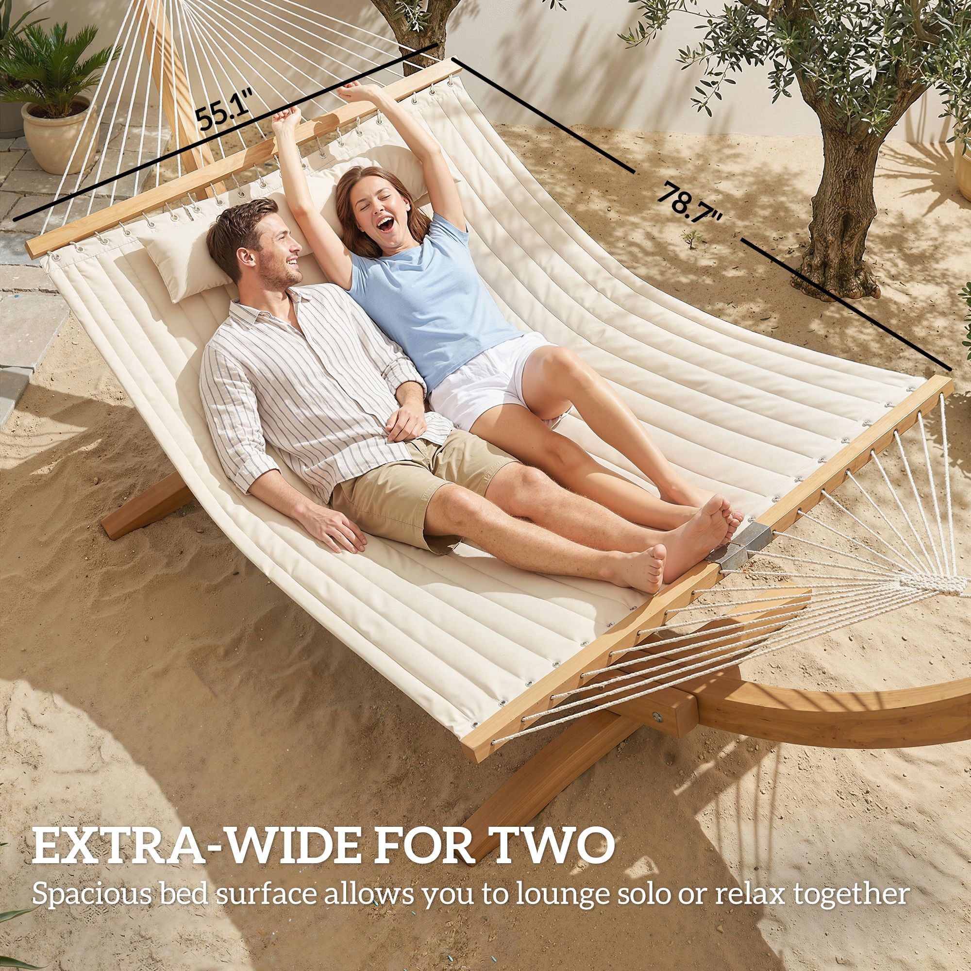 Double Quilted Hammock with 160g Padding, Beechwood Spreader Bars, Detachable Pillow, Magazine Pocket, 440 lbs Capacity for Patio Balcony