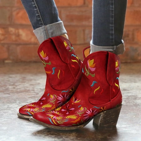

Tangnade Boots for Women on Sale Womens Retro Floral Embroidered Style Pointed Toe Western Cowboy Mid Calf Boots