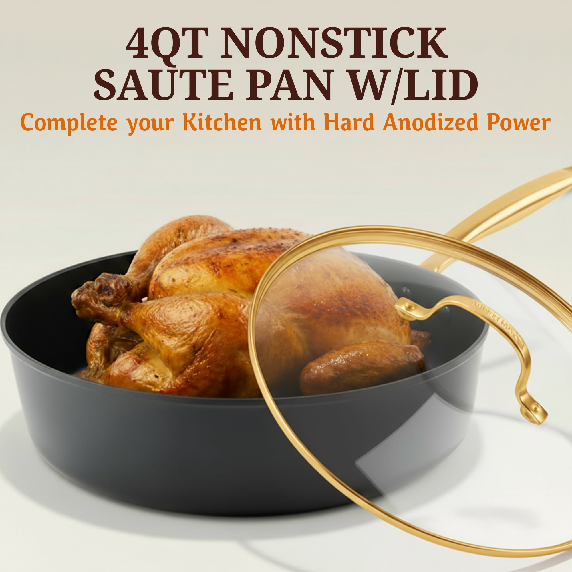 Granitestone Armor Max 11 Inch Frying Pan, Hard Anodized Skillet Non Stick, 4 Quart Saute Pan with Lid, Multipurpose Cooker, Jumbo Cooker NonStick Deep Frying Pan, Skillet, Gold Handles