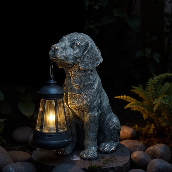Solar Dog Statues with Lantern – Waterproof Outdoor Dog Figurines for Garden, Yard & Porch, Auto On/Off Solar Light, Birthday Gifts for Mom & Dog Lovers, Dog Memorial Gifts