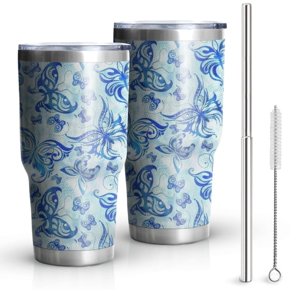 30oz Blue Butterfly Pattern Tumblers Stainless Steel Tumbler with Lid and Straw,Vacuum Insulated Double Wall Travel Tumbler Cups Mug with Cleaning Brush for Coffee,Tea