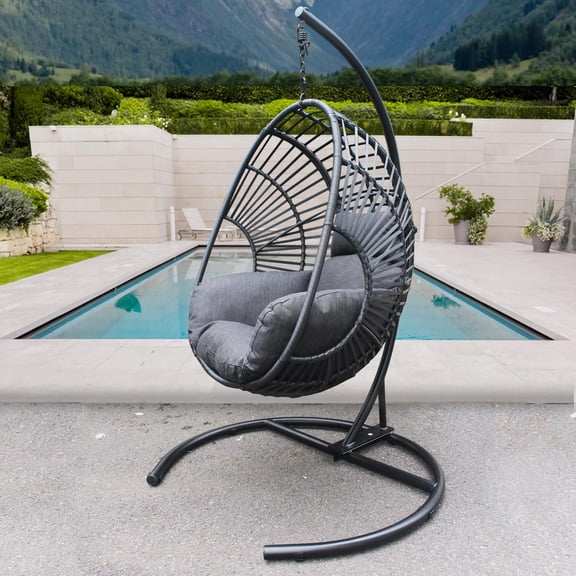 Outdoor Black PE Wicker Swing Egg Chair - with Anthracite Cushion & Black Base, Hanging Egg Chair for Patio, Living Room
