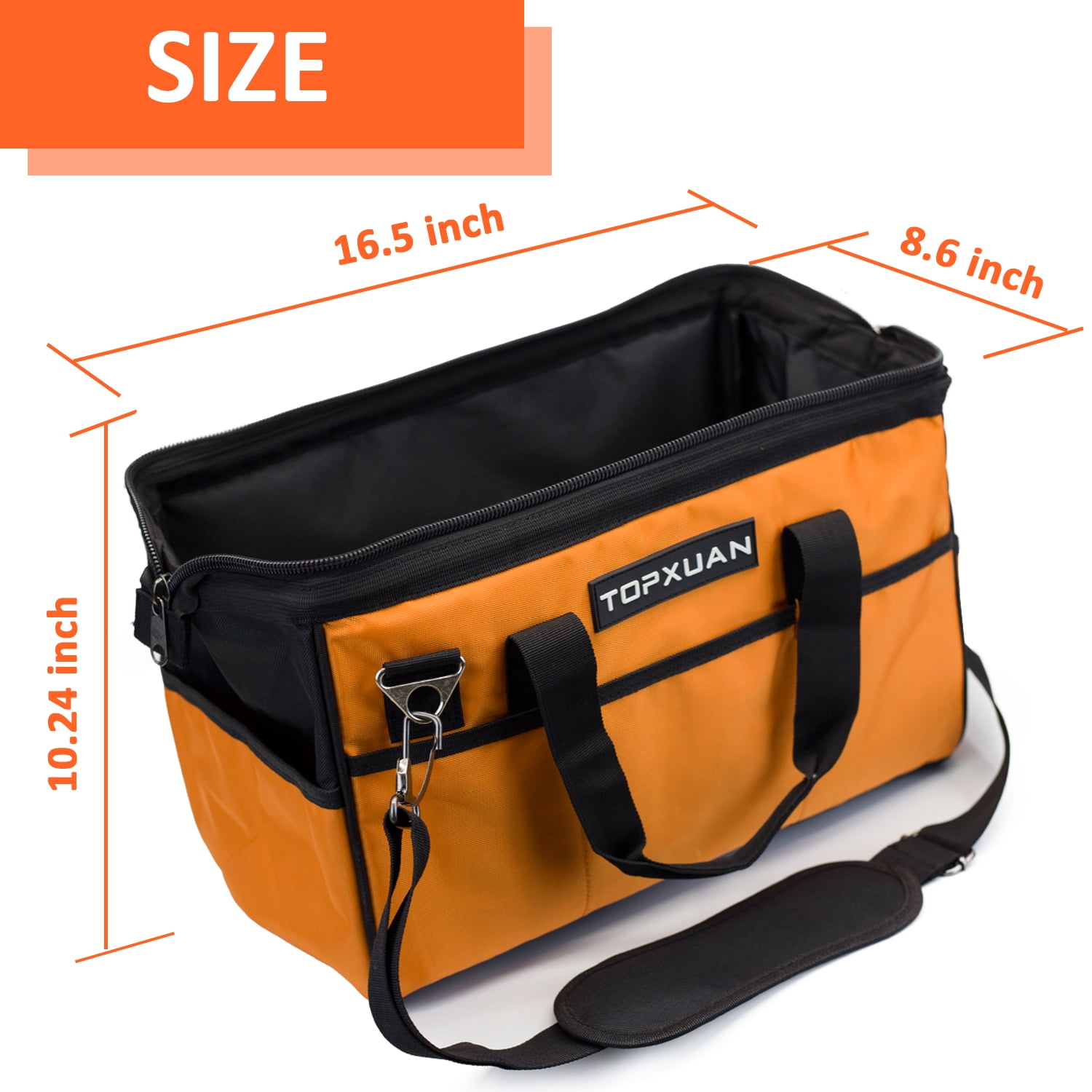 TOPXUAN Tool Bag 16 Inch Molded Plastic Base Heavy Duty Waterproof Orange Tool Organizer Wide Mouth With Shoulder Strap for Power Tools and Hand Tools Oxford Cloth Fabric (16 Pockets)