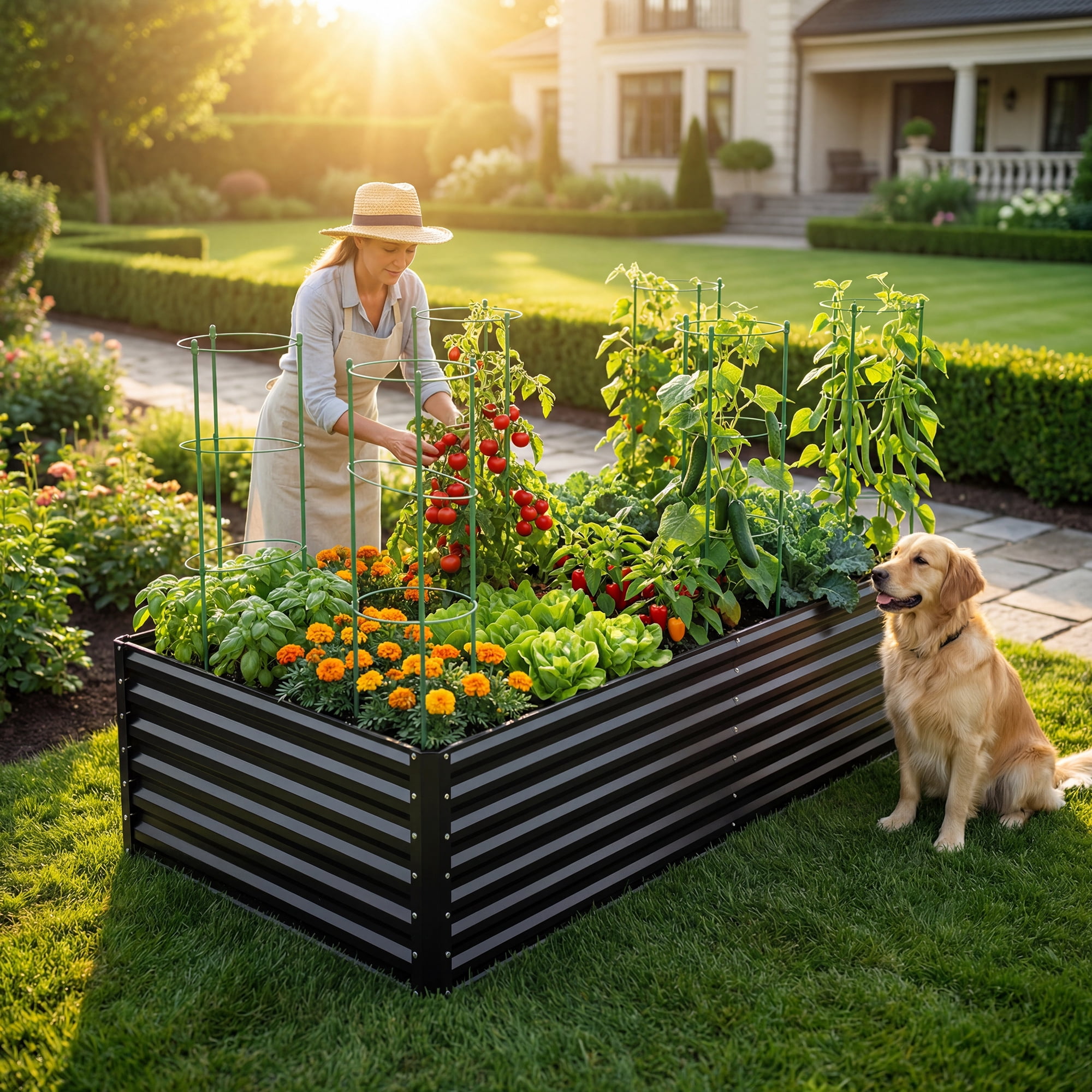 Uforic 2-Pack 8x4x2ft Galvanized Raised Garden Bed with Tomato Cages, Trellis, Support Rods & Gloves, Outdoor Planter Box for Climbing Plants, Vegetables & Flowers, Black