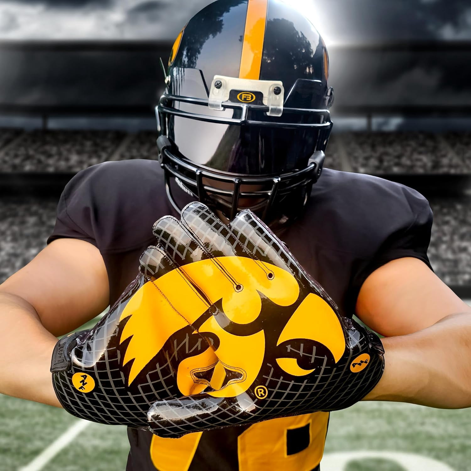 Scale Wear Design University of Iowa Hawkeyes Football Gloves with Super Stick-Tach Silicone Grip Palms. Men's & Youth Boys Sticky Football Receiver Gloves (Black, Adult-M)