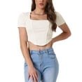 thumbnail image 1 of INSPIRAR CHIC Blusas Básicas Casuales de Cuello Cuadrado de Manga Corta de Punto Acanalado con Dobladillo Curvo XS Blanca, 1 of 6