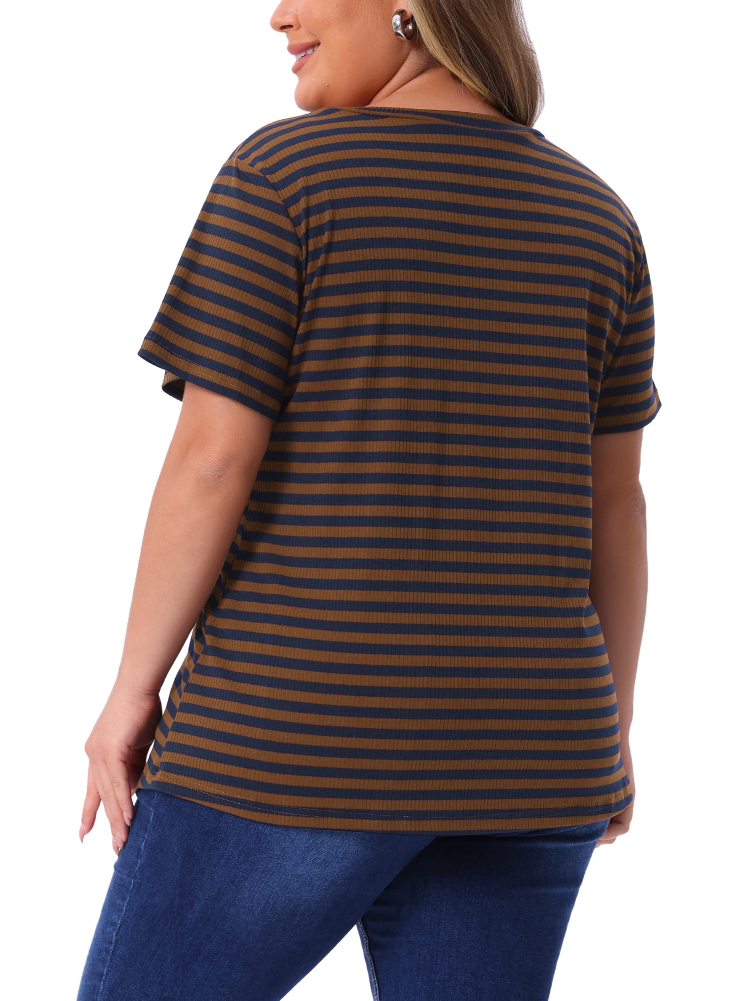 DARING DIVA Women's Plus Size Short Sleeve Crew Neck Striped Top 3X Brown