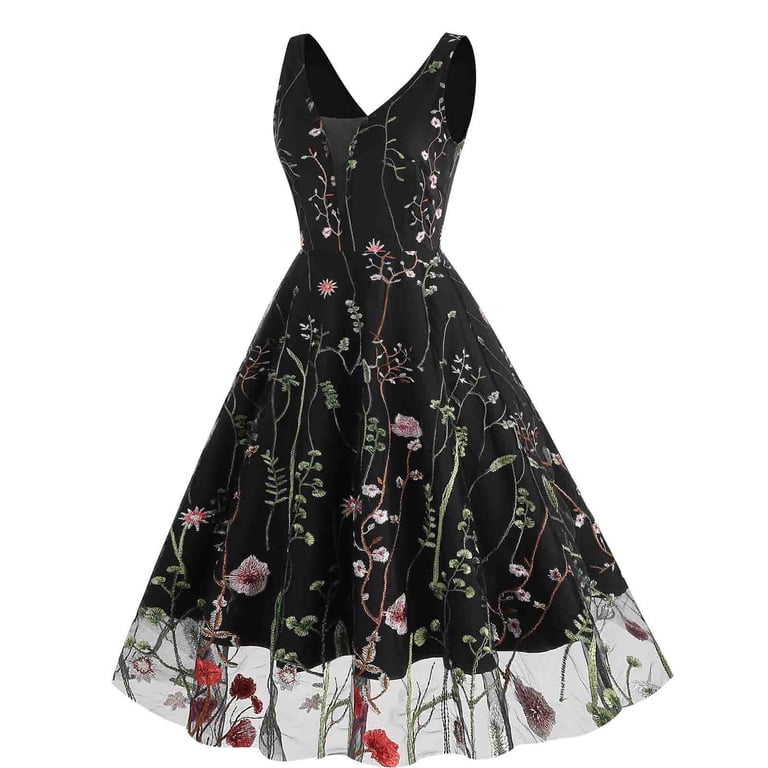 Usmixi Womens Dresses Vintage Lace Patchwork Empire Waist Pleated Swing  Party Prom 1950S Dresses Summer Floral Print V-Neck Short Sleeve Formal  Midi Dress Black l - Walmart.com
