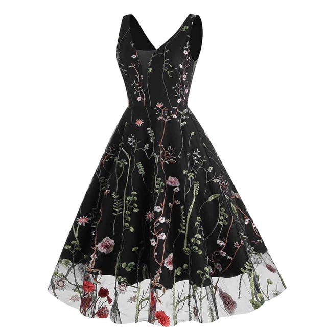 QIPOPIQ Women's Elegant Lace Embroidery Plus Size Flared A-Line Swing Backless Party Cocktail Dresses Summer Clearance