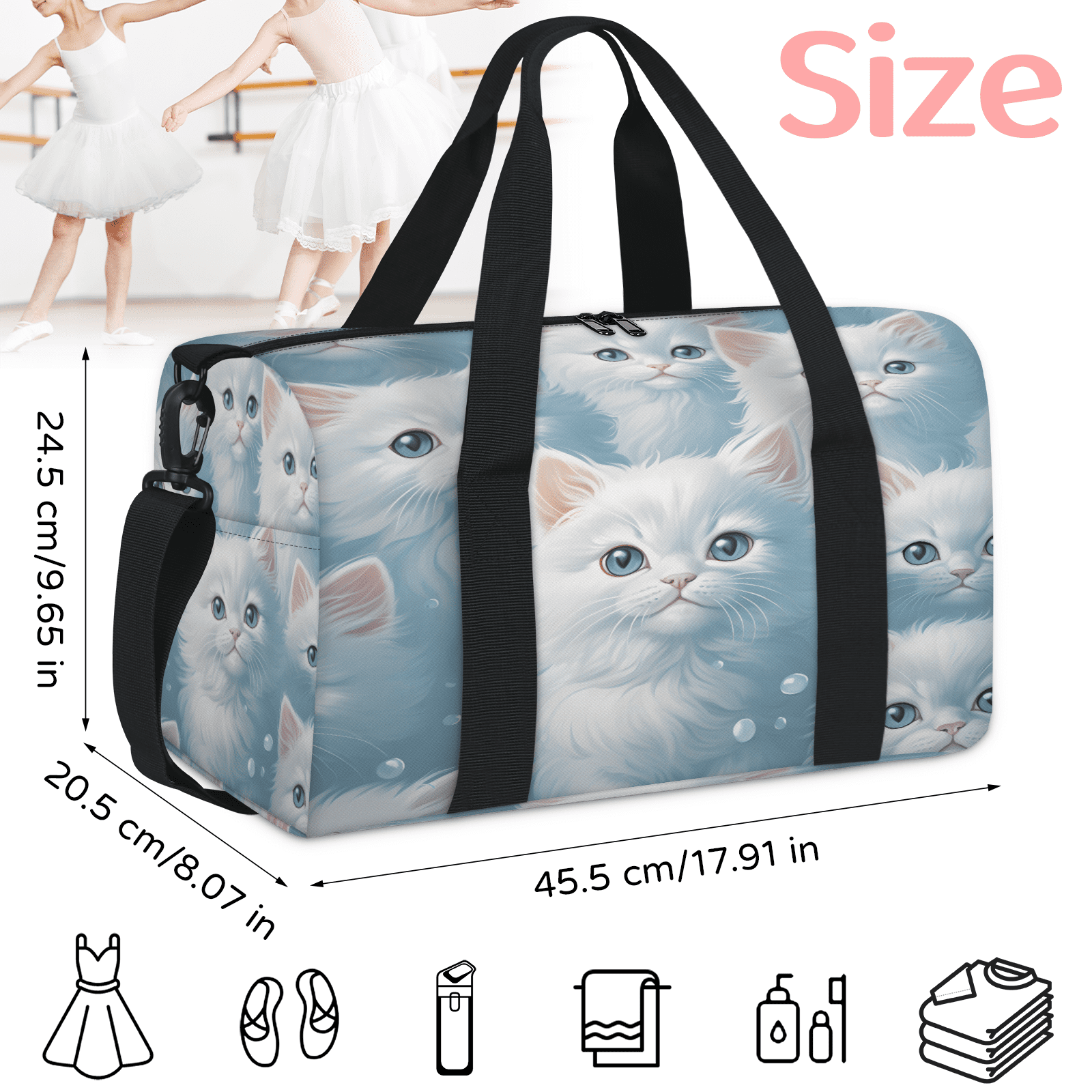 Herdesigns Cat Gym Bag for Women, Duffle Bag for Travel Sport, Cute Cat Lightweight Waterproof Carry on Weekender Dance Yoga Workout Bags