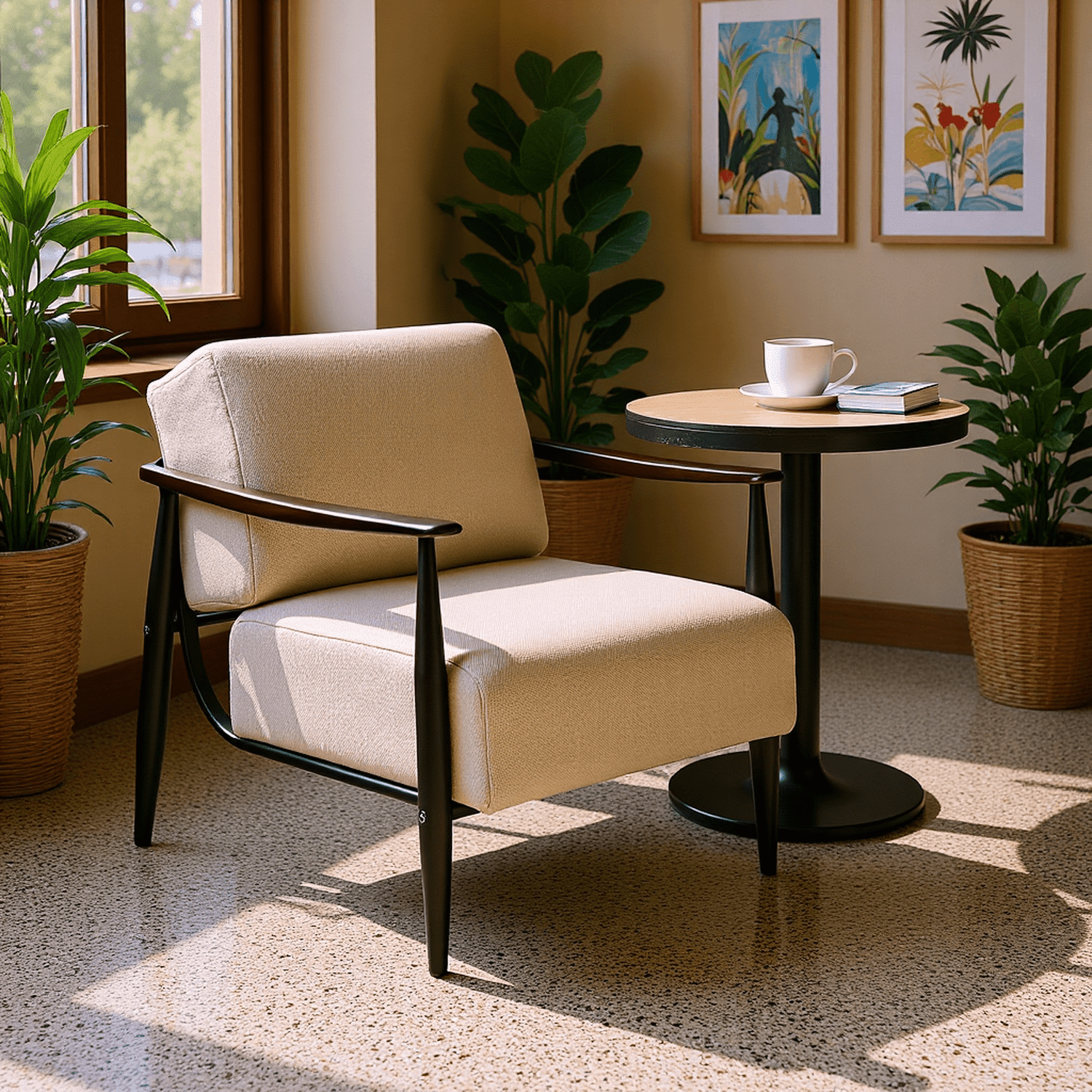 Homy Casa Mid-Century Accent Chair with Dark Wood Armrests, Beige Fabric Armchair