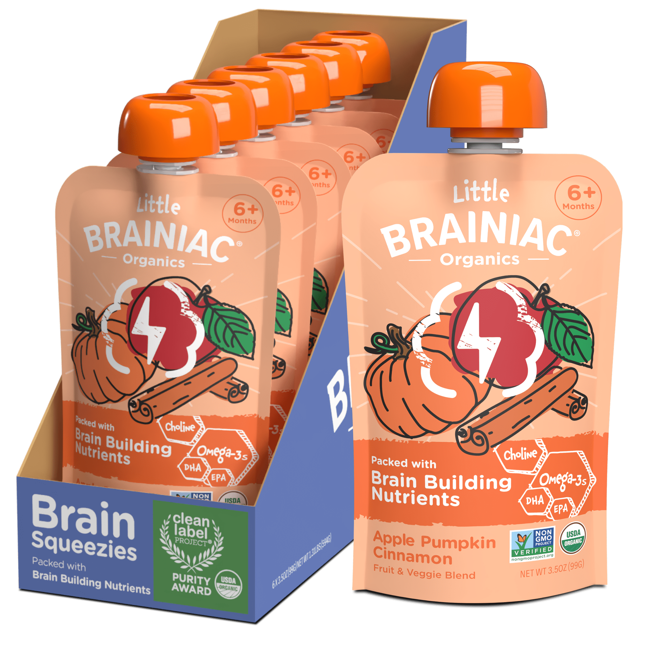 Little Brainiac Organic Fruit & Veggie Baby Food Pouch with Omega-3s, Apple Pumpkin Cinnamon, 3.5oz, 6ct