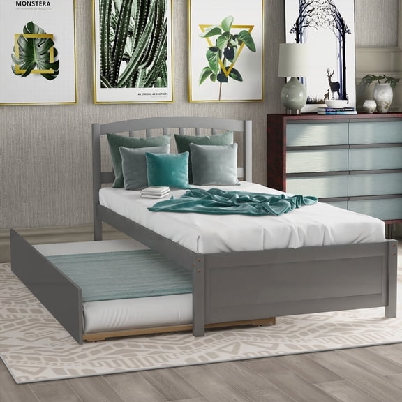The Twin size Gray Platform Bed with Trundle and Solid Wood Frame