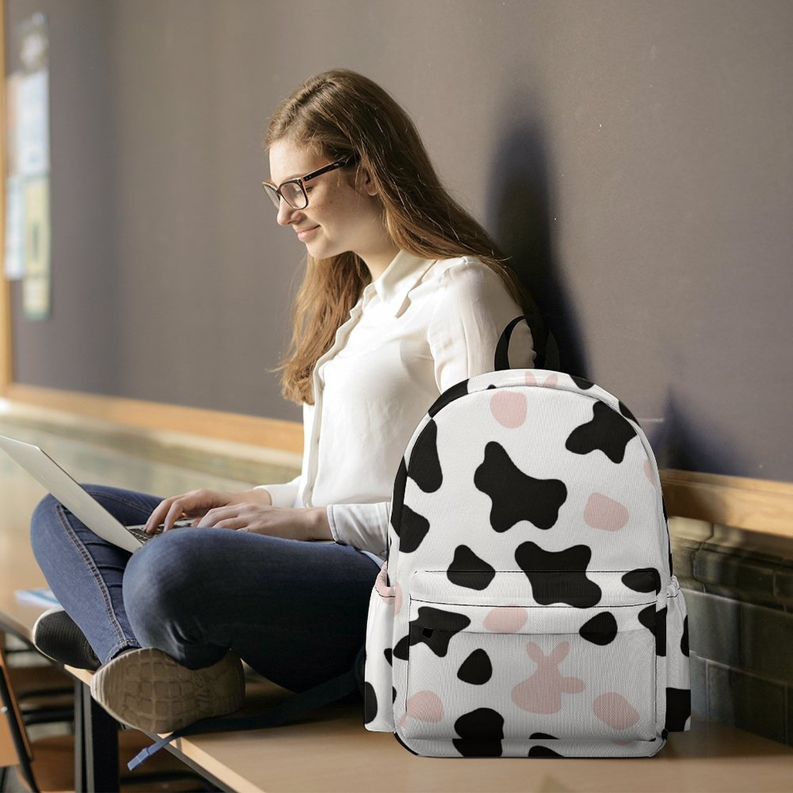 Large Capacity Half Print Backpack 11.8×16.5×5.9in Multifunctional Zipper Design Convenient Switch Simple Cow Print Pattern White Background, Pink And White_3