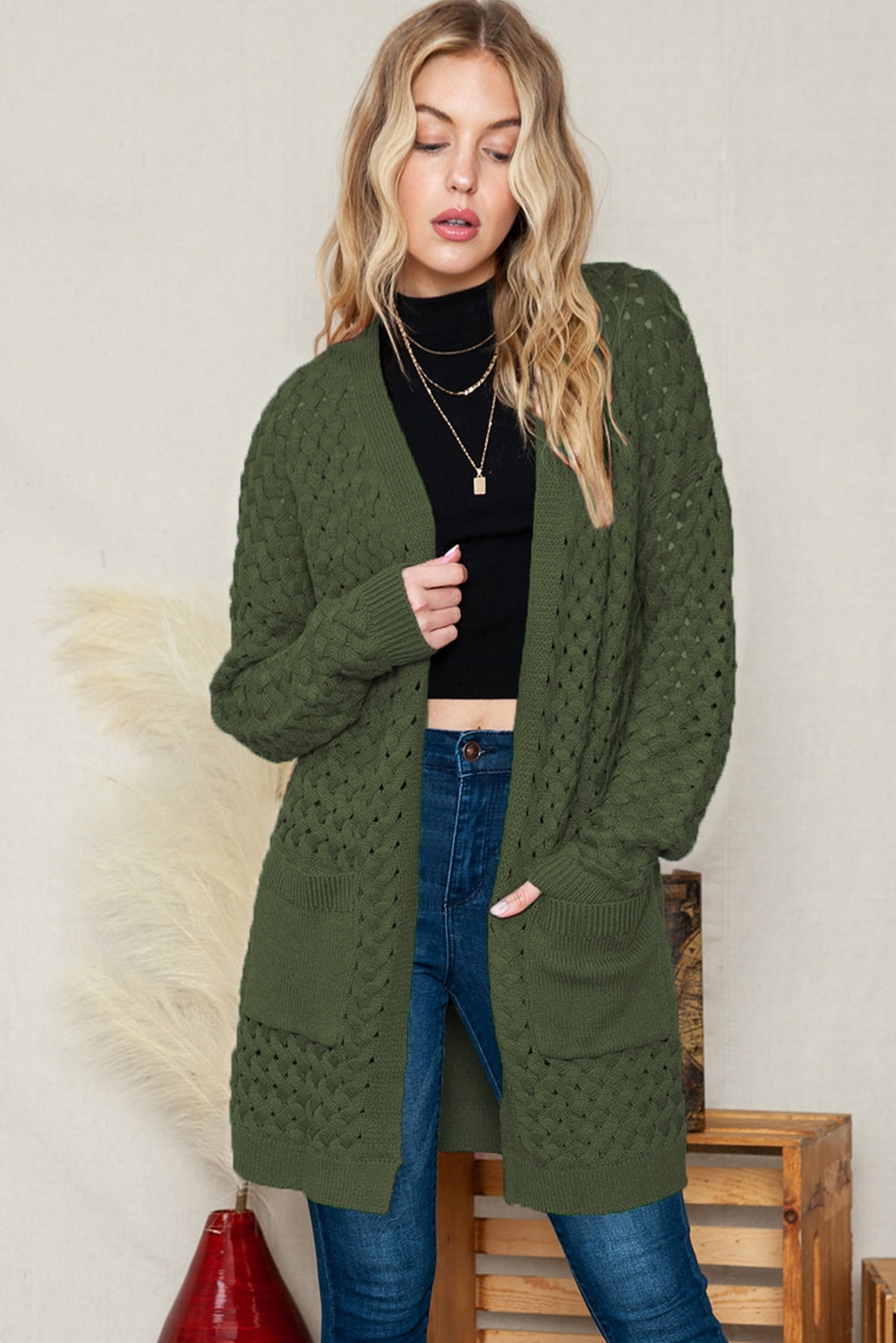Plus Size Cardigans for Womens Oversized Loose Fit Sweaters with Pockets Long Sleeve Knitted Fall Winter Outwear Coat Green 2XL - image 3
