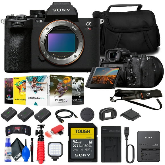 Sony a7R V Mirrorless Camera (ILCE7RM5/B) + 64GB Memory Card + Corel Photo Software + Bag + 2 x NP-FZ100 Compatible Battery + External Charger + Card Reader + LED Light + HDMI Cable + More