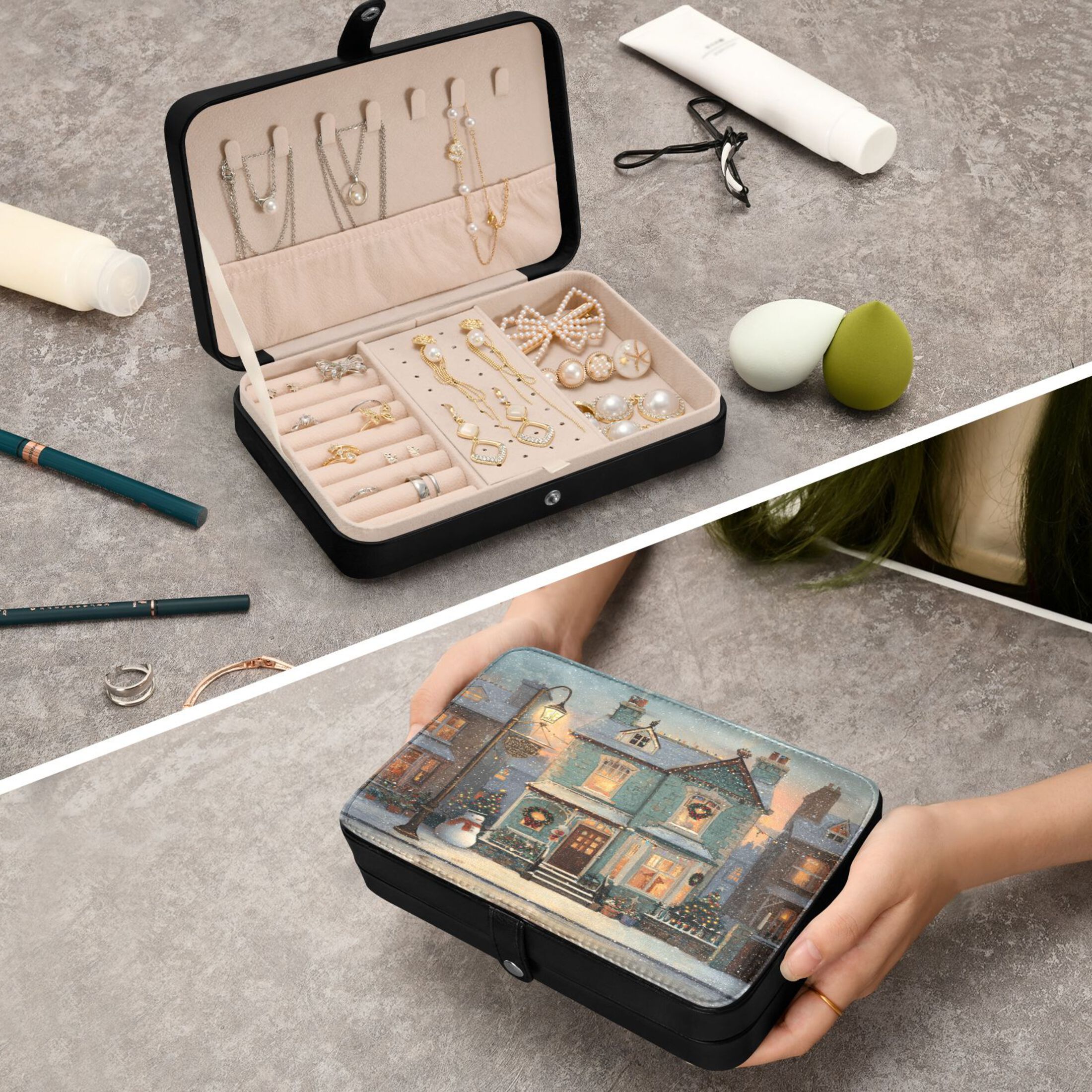 Leather Jewelry Box Rectangular 8.27x5.5x1.78In Travel Jewelry Storage Earrings Necklace Bracelet Watch Brooch Storage Beautiful Christmas House