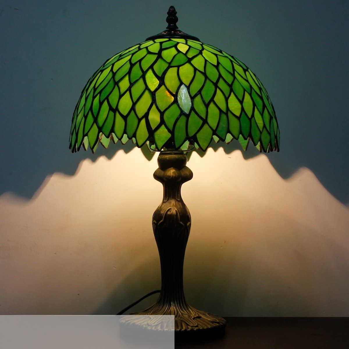 Tiffany Style Table Lamp Reading Light Green Wisteria Stained Glass Shade W12H18 Inch Tall S523 WERFACTORY LAMPS Lover Parent Kid Living Room Office Bedroom Bedside Desk Antique Zinc Base Crafts Gifts