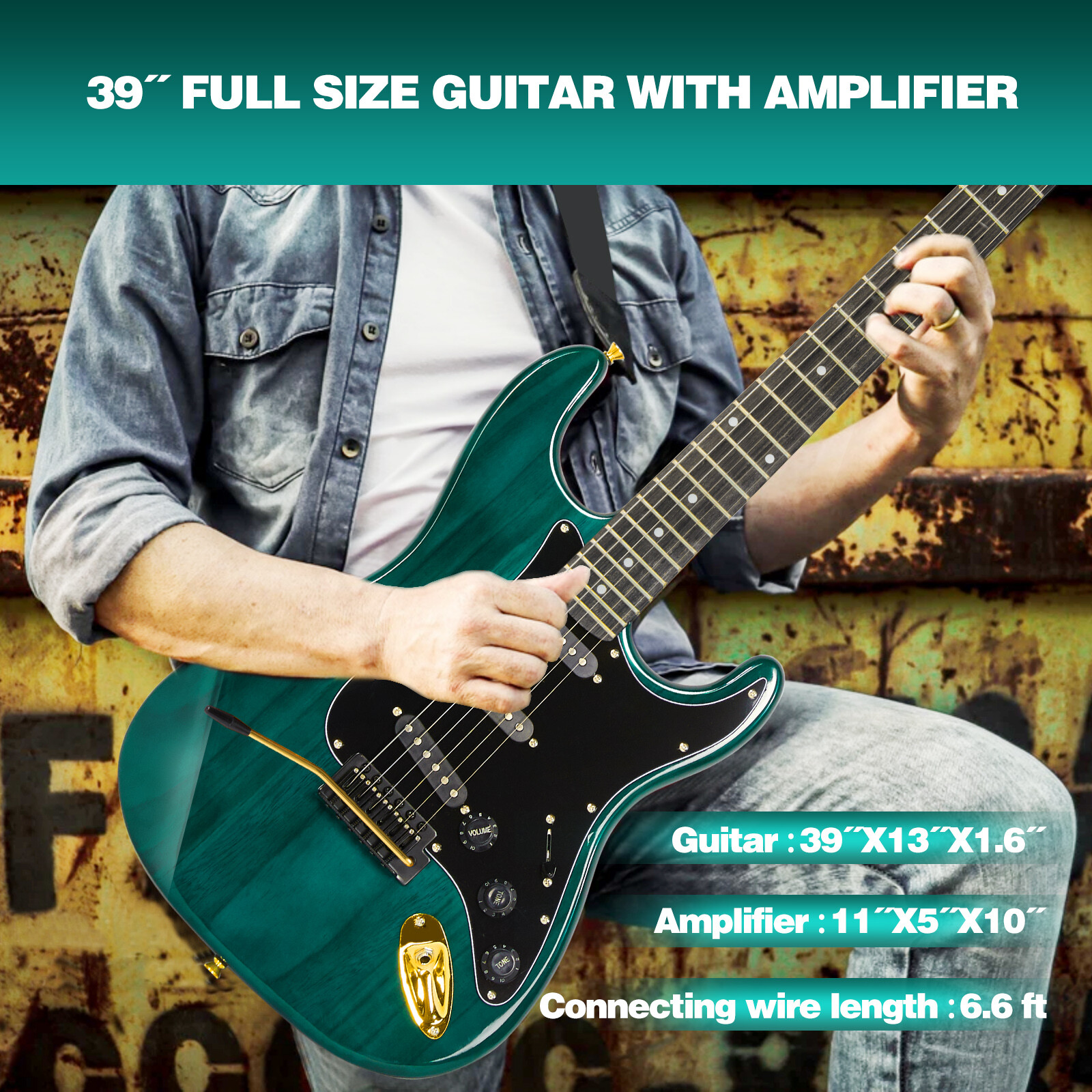 MUSTAR 39 Inch Full Size Solid Wood Electric Guitar Kit Beginner Gift with 25W Amplifier Gig Bag,Capo,Strap,Cable,Picks(Green)