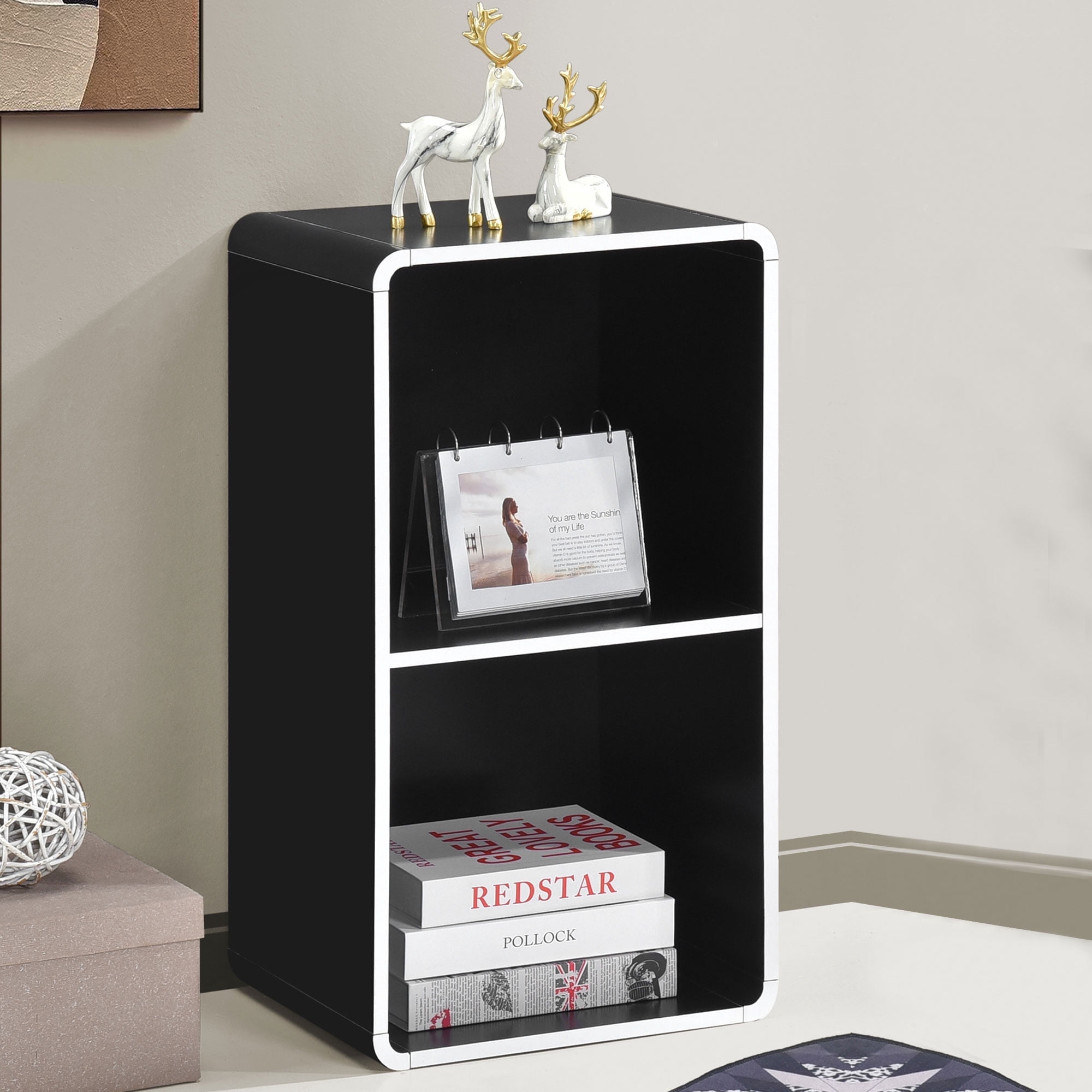 Kings Brand Furniture Dothan 2-Tier Cube Open Bookcase - Space Saving Storage Shelf Organizer Bookshelf, Black