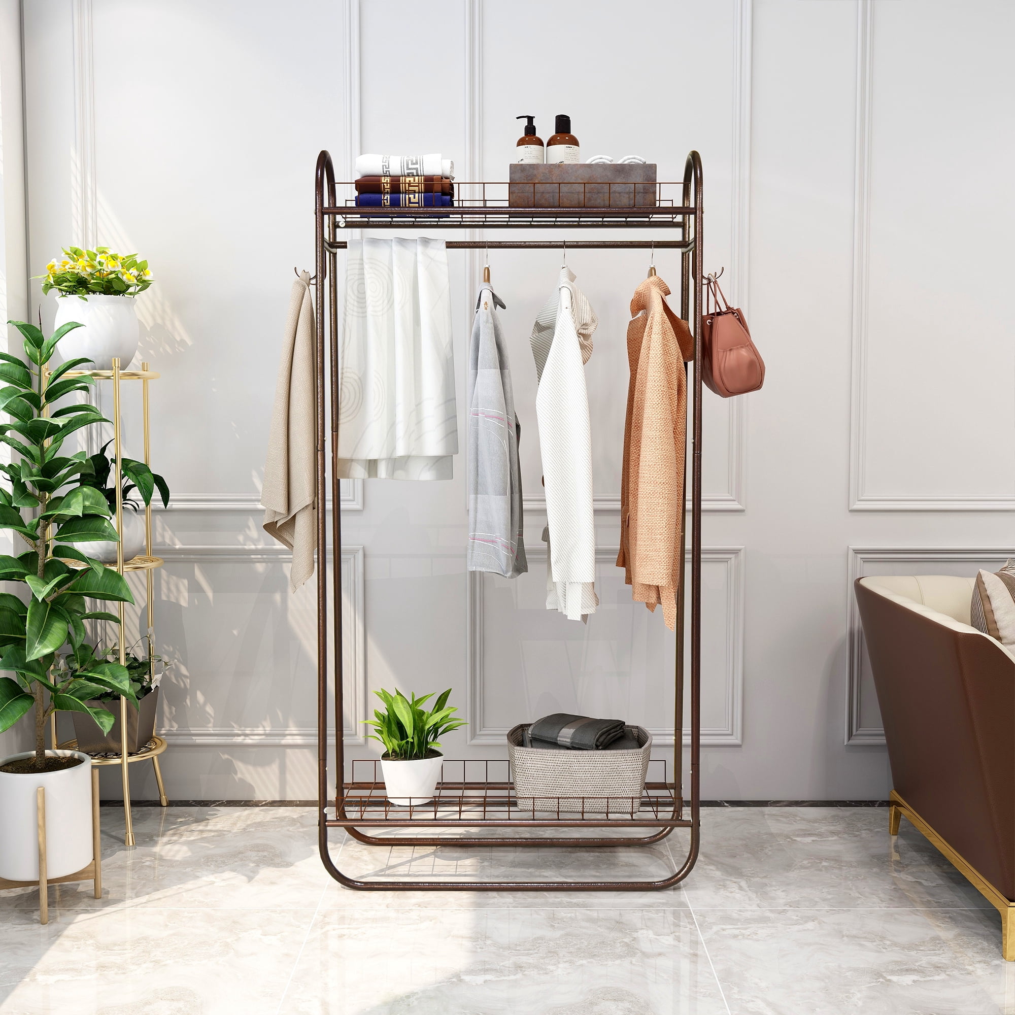 Heavy Duty Rolling Garment Rack, Freestanding Metal Clothing Rack with Hanging Rod & Double Shelves, Portable Wardrobe Organizer for Bedroom Laundry Room