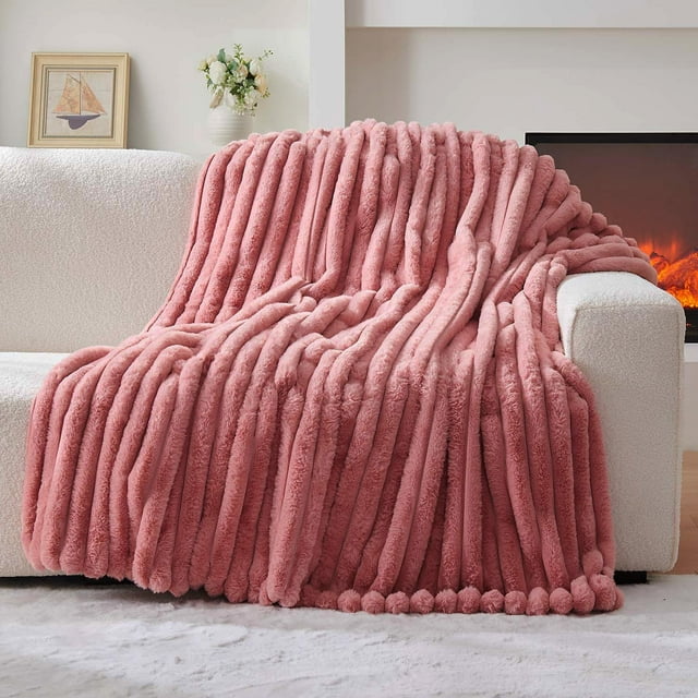 Blanket Queen Size for Bed - Stripe Faux Rabbit Fur Blanket, Cozy Soft Fluffy Fuzzy Blanket for Sofa, Warm Thick Furry Plush Shaggy Large Blankets for Women, Pink,90x90 Inches