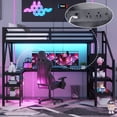 thumbnail image 3 of Euroco Metal Full Size Loft Bed with Desk and Wardrobe, Gaming Bed with Staircase, and Shelves, USB Ports and LED Light, Black, 3 of 11