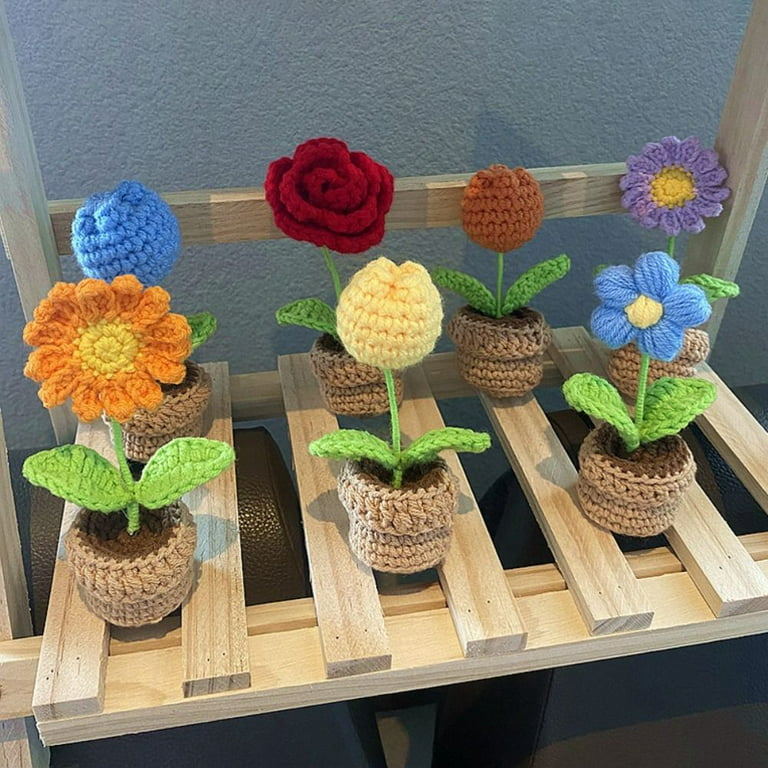 Homemade Knitted Flower Potted Plant Crafts Fake Plants Home Decor Hand-woven  Crochet Potted Handmade Flower Fake Flowers Knit Flower PINK SMALL FLOWER 