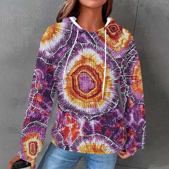 thefmos Women's Hooded Drawstring Tie Dye Sweatshirt with Kangaroo Pocket Casual Long Sleeve Pullover Fashion Fall Winter Outfit, Purple 2XL
