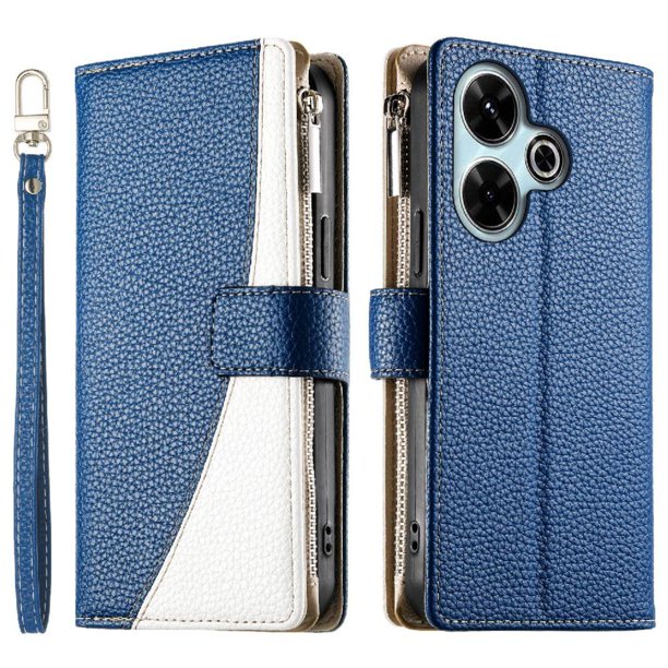 Funda cartera GANGXUN para Xiaomi Redmi Note 13R 5G , cuero PU con tarjetero, cremallera, correa de mano, soporte y protección 1012°